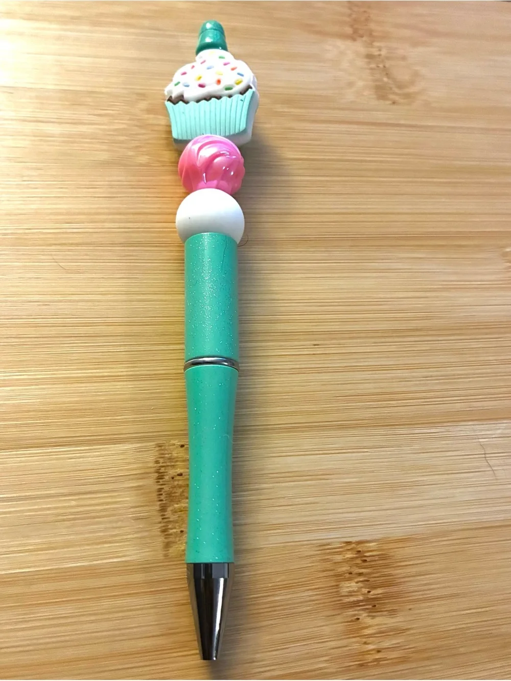 Cupcake Top Glitter Teal Pen with Pink and White Beads
